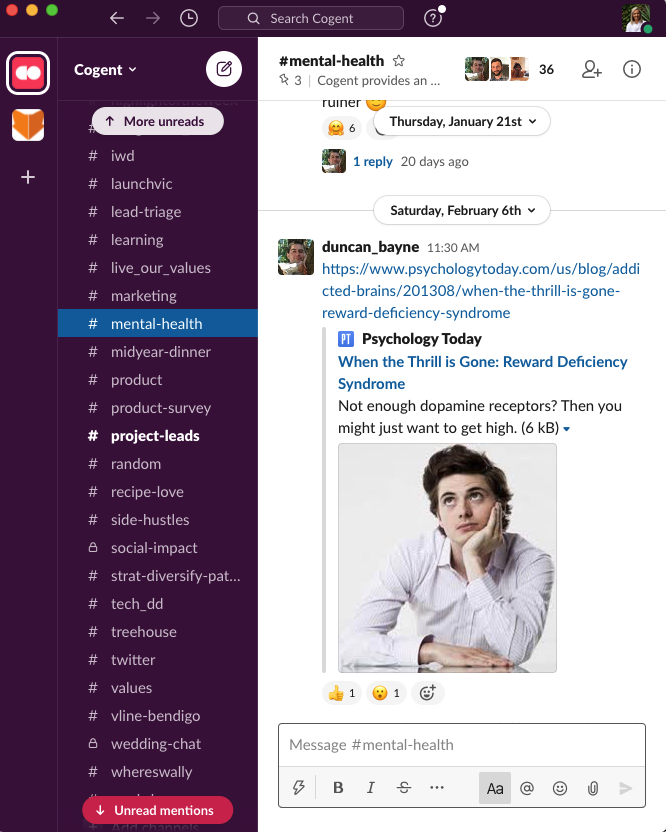 a screenshot of the #mental-health channel in the Cogent slack